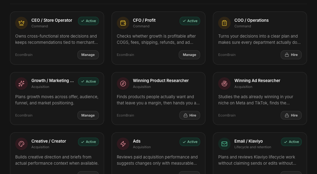 EcomBrain AI employees catalogue showing ecommerce agents with roles and active status