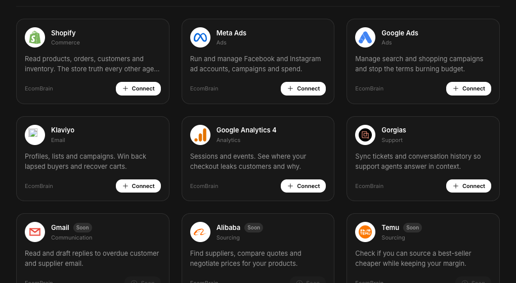 EcomBrain connectors catalogue showing ecommerce tools, channels, APIs, and agent sources