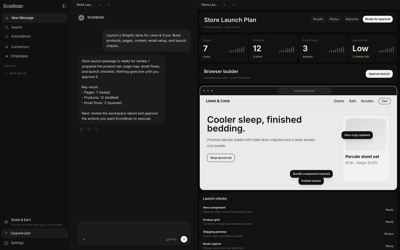 EcomBrain store launch workflow in the product app